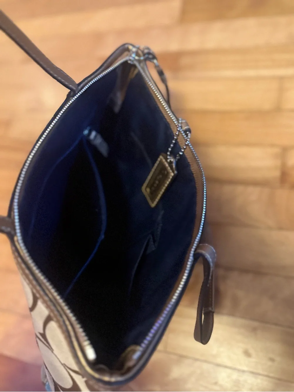 Coach Beige Signature Tote with Multicolor Patent Stripe